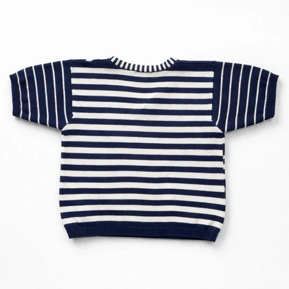 Vintage Jeanne Pierre Navy & White Graphic Knit Top S | Short Sleeve V-Neck - Picture 5 of 8